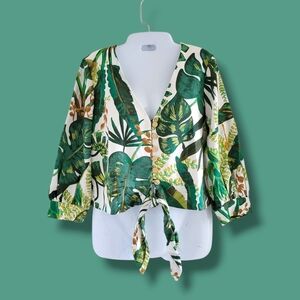 Joie | Cute White/Green Tropical Boho Self-Tie Cropped Linen Blend Top